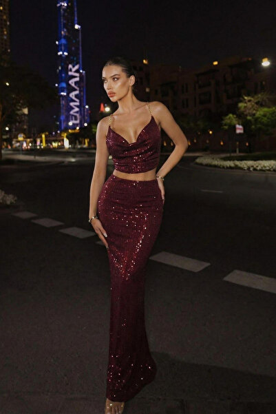 Afitapbutikmoda ZR Model Degaje Yaka Crop Uzun Pul Payet Etek Takım