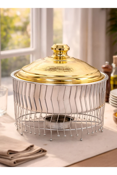Cady One 8-liter food warmer with a gold stainless steel lid and a mesh metal...