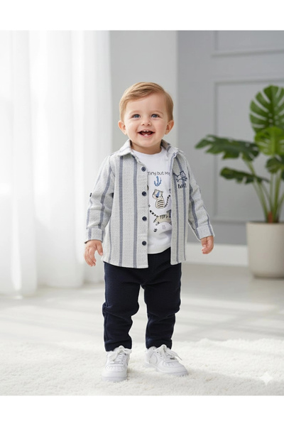 Bontino Baby Boys' 3-Piece Set - 100% Cotton Printed T-Shirt, Striped Shirt a...