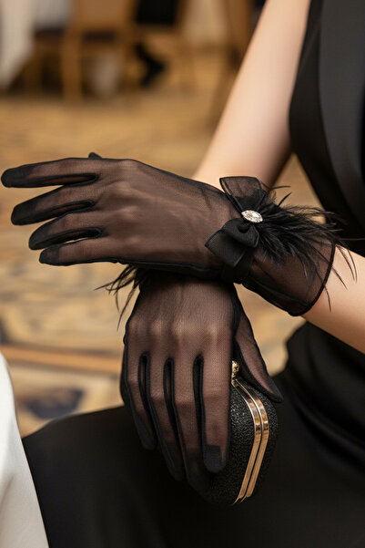 Limelia Tulle Bridal Gloves - Wedding Gloves with Tulle Bow and Marquise Ston...