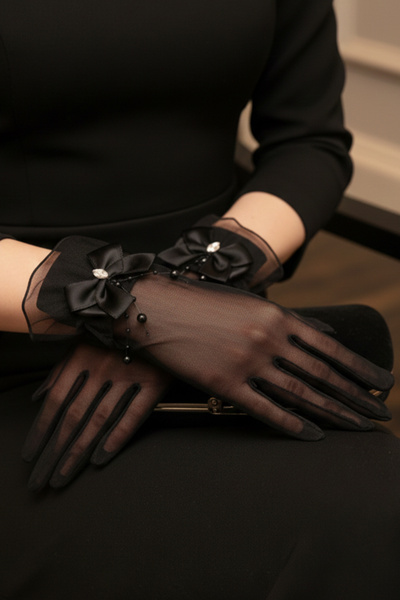 Hayalperest boncuk Hayal Tulle Bridal Gloves - Wedding Gloves with Pearl Branch and Crystal Stone Bow Detail