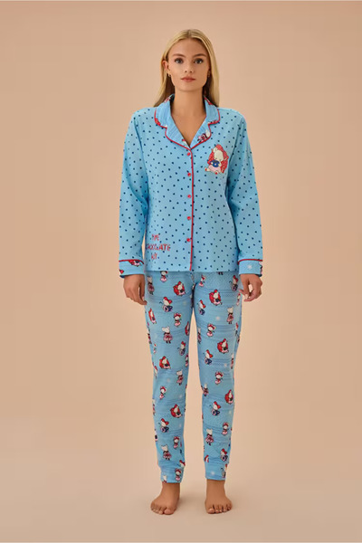 DREAM FASHION Blue Patterned Lulusu Shirt Collar Pajama Set