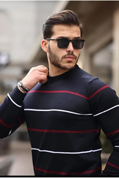 Kanonik Education    Unisex Thin Striped Crew Neck Knitwear Sweater - Black