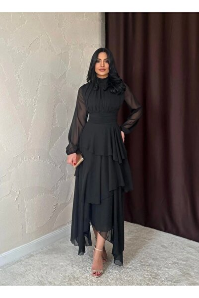 Dilek Vardar Black Women's Chiffon Floor Skirted Tulle Sleeves Pleated Long Dress