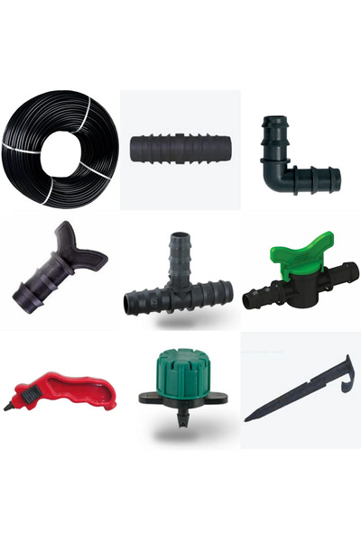Altınyapı Hobi Market 300 Meters Drip Irrigation Without Hole Hose-Elbow-Connector-Tap-Valve-Nozzle-Set Part (30 Pieces)