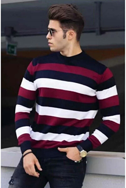 Kanonik Education Unisex Thick Striped Crew Neck Knitwear Sweater - Claret Red