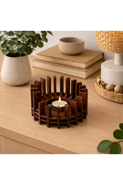 Sara Atelier El Yapımı Ahşap Tealight Mumluk, Dekoratif Şamdan Mumluk, Hediye...