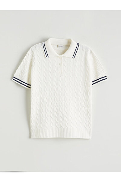 LC Waikiki Ecru Polo Neck Patterned Girls' Knit Sweater