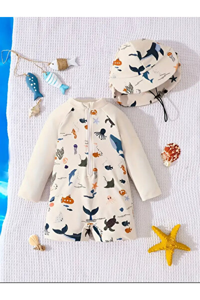 MODA Deniz canlıları desenli uzun kollu bebek mayo tulum. Fermuarlı, esnek ve...