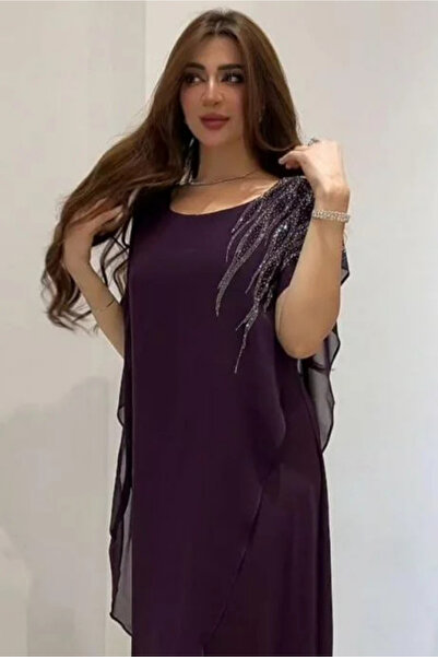 Vitrina Elegant chiffon dress with luxurious shoulder embroidery – dark purple
