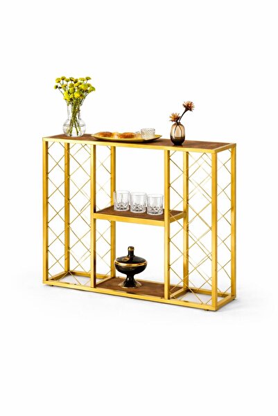 janiyeva Modern Gold Metal –CEVİZ Ahşap Raflı Dekoratif Konsol Dresuar Şarapl...