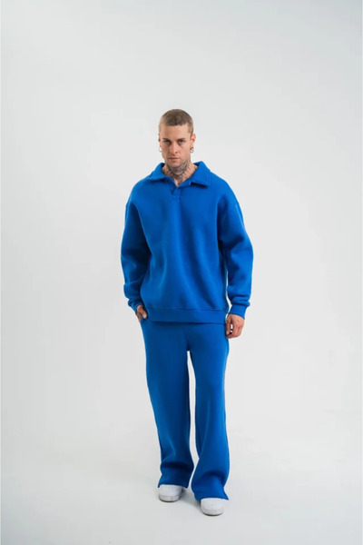 Kanonik Education Three thread long sleeve collar sweatpants set - blue
