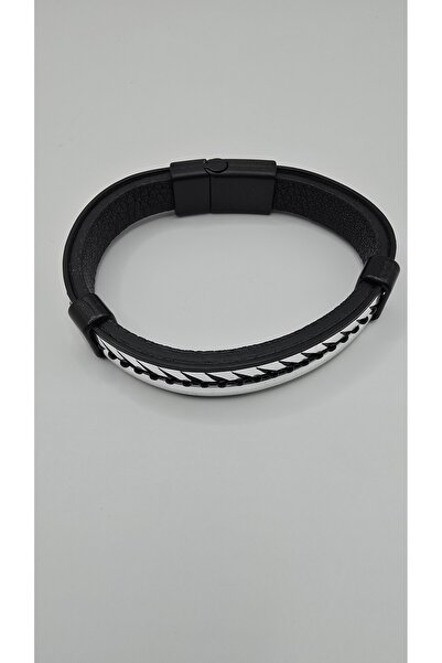 NO NAME Faux Leather Silver Color Beaded Stone Magnetic Snap Men's Bracelet