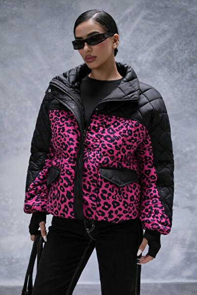 SERBA Black Color Leopard Printed Women's Quilted Coat