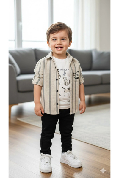 Bontino Baby Boys' 3-Piece Set - 100% Cotton Printed T-Shirt, Striped Shirt a...