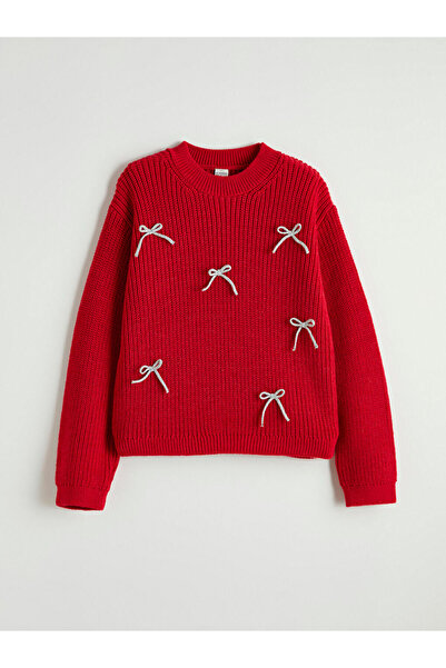 LC Waikiki Red Crew Neck Bow Detailed Girls' Knitwear Sweater