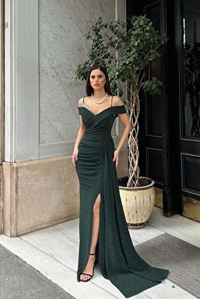 My Loore Kadın Zümrüt Yeşil Taş ve Omuz Detaylı Işıltılı Şık Davet Elbisesi MLB117