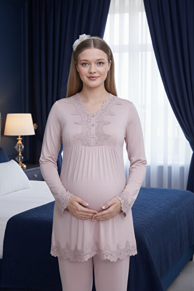 BLACKMORE Kadın Gül Kurusu Dantelli Tasarım Pamuklu Uzun Kollu Hamile Pijama ...