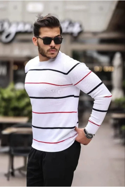 Kanonik Education Unisex Thin Striped Crew Neck Knitwear Sweater - White