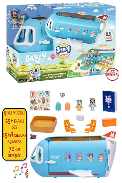 TOYFEST BlueyPlus 3ü1 Arada Dönüşen Uçak Tatil Seti Sesli Işıklı Figürlü 25 S...