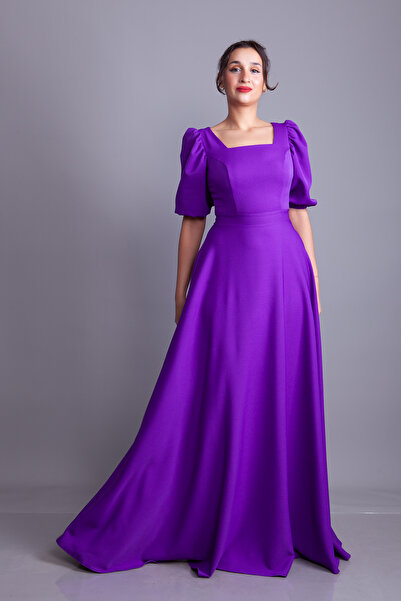 Bidoluelbise فستان سهرة طويل بأكمام بالون وياقة مربعة باللون الأرجواني