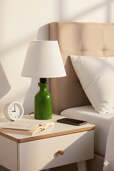 Lambazade Elzade Model Green Wooden Body White Headboard Lampshade