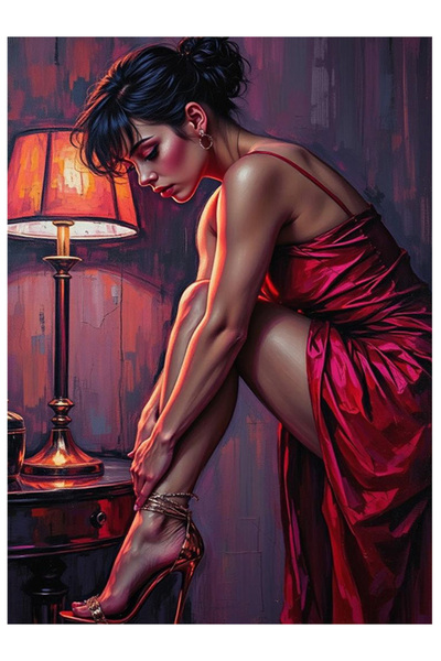 Bedeko Ayakkabı Giyen Kırmızı Elbiseli Kadın Mdf Ahşap Tablo