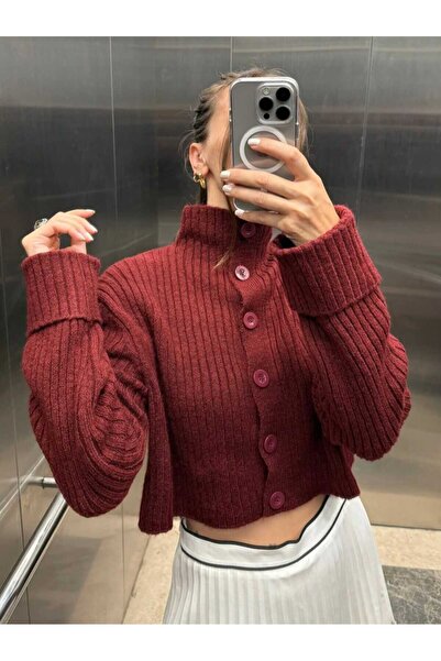 swc knitwear Crop Soft Textured Mock Neck Knitwear Cardigan