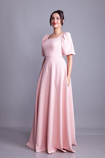 Bidoluelbise فستان سهرة طويل بأكمام بالون وياقة مربعة من قماش البودرة