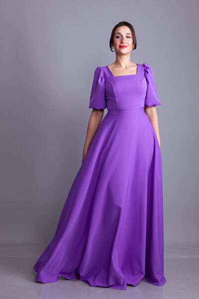 Bidoluelbise فستان سهرة طويل بأكمام بالون وياقة مربعة باللون الليلكي