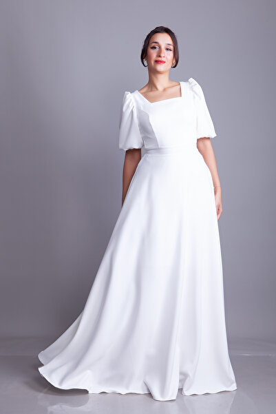 Bidoluelbise White Square Neck Balloon Sleeve Maxi Length Evening Dress