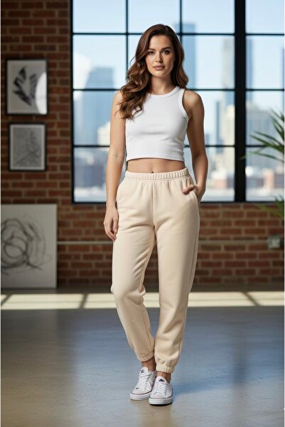 HELLİE بنطال رياضي مبطن بالصوف ذو خصر عالٍ مصنوع من القطن