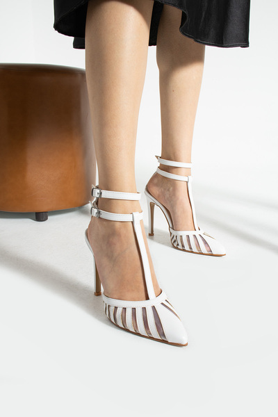 nuvilo White Leather Mesh 10cm Thin Heels Double Belt Pointed Toe Stileto Wom...