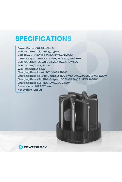 Powerology 8-in-1 Power Station 10000mAh Portable Power Bank , Wireless Charging,