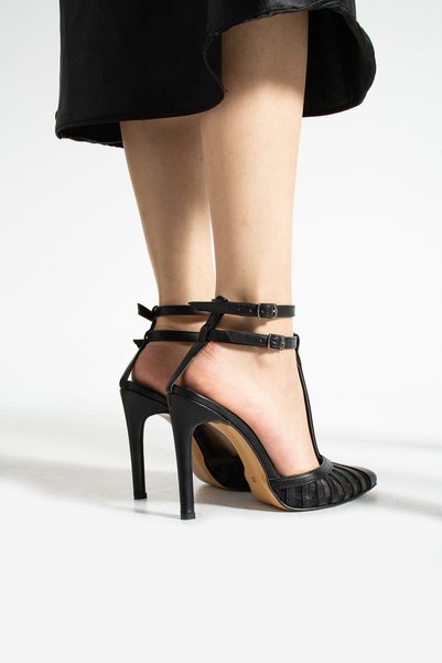 nuvilo Black Leather Mesh 10cm Thin Heels Double Belt Pointed Toe Stileto Women Shoes