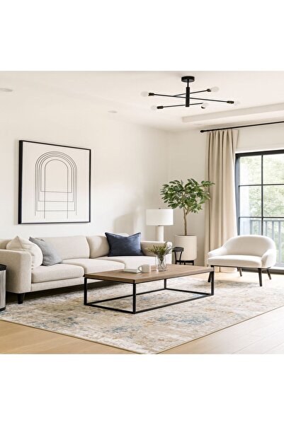 SER CARPET Modern beige cream carpet with blue and gold accents, for living room or bedroom 100 X 200