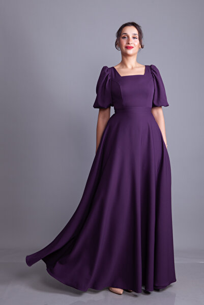 Bidoluelbise فستان سهرة طويل بأكمام بالون وياقة مربعة من قماش البرقوق