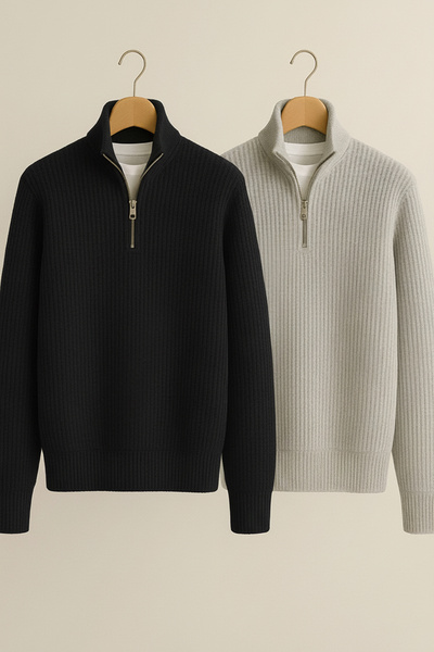 beuivo Men's Grey-Black 2-Piece Half-Zip Mock Neck Sweatshirt Thessaloniki Knitted Sweater