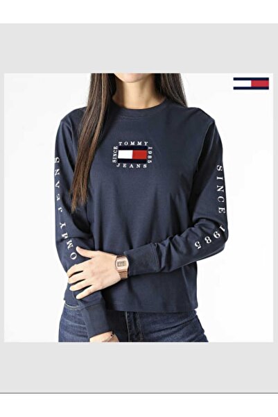 Tommy Jeans Women's blouse, TJW Box Flag Longsleeve C87, Twilight Navy, 100% cotton, size XS