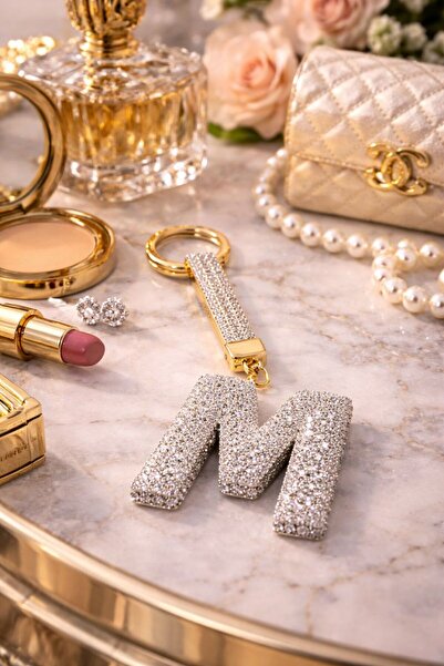 Lİ-ES Letter m Silver Color Shiny Stone- Premium Series Bag Charm- Keychain- ...