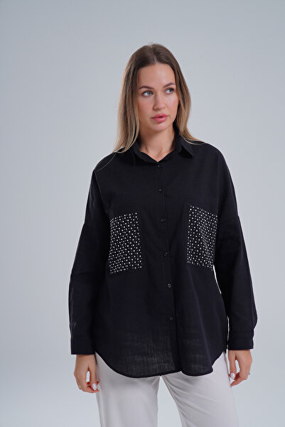 DEZZİİ Black Double Pocket Stoned Oversize Poplin Shirt