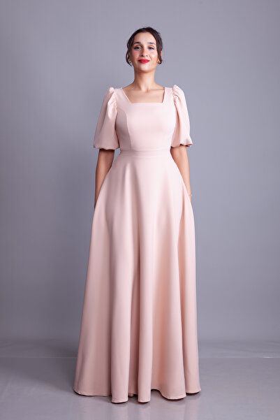 Bidoluelbise Cream Square Neck Balloon Sleeve Maxi Length Evening Dress