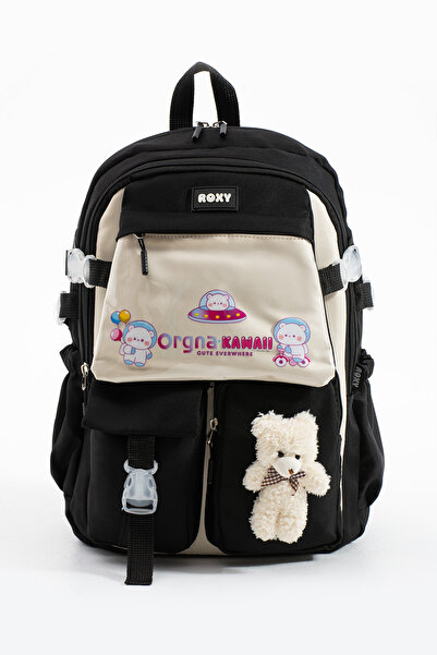 YOUOY Black Kawaii Korean Style Lightweight Multi-Compartment Children's School Backpack with Teddy Bear