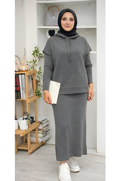 OLİAWEAR Kapşonlu Hırkalı Triko Elbise, Tesettur Elbise