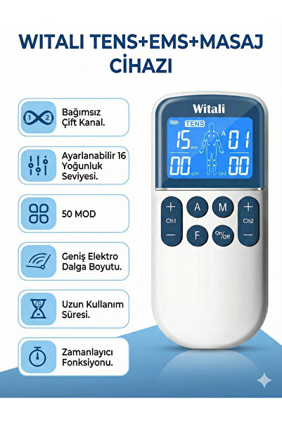 Witali FITENS TENS + EMS + FITNESS Fizik Tedavi Cihazı – 2 Kanallı, 4 Pedli Pilli | 2 Yıl Garanti
