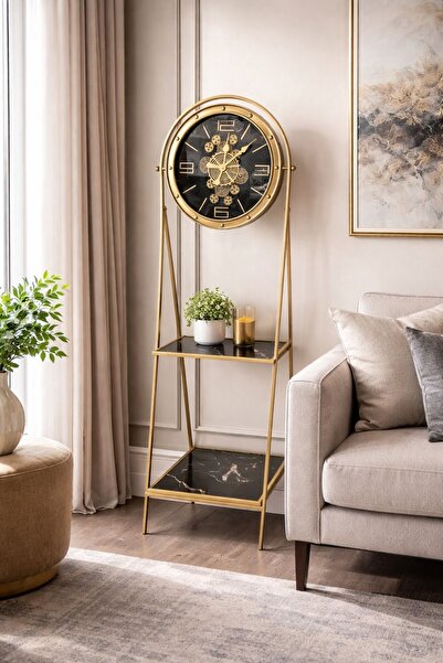 hediyeconcepti Endüstriyel Lüks Metal Çarklı Saat ve Raf Ünitesi – Gold & Siy...