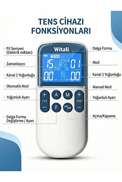 Witali FITENS TENS + EMS + FITNESS Fizik Tedavi Cihazı – 2 Kanallı, 4 Pedli Pilli | 2 Yıl Garanti