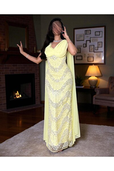 TREN Yellow Sequin Evening Gown Long Formal Dress Chiffon Cape Sleeves Embellished Party Elegant Maxi