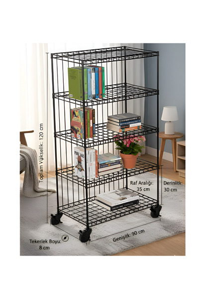 SLLER Raflı Metal Kitaplık Tekerlekli Çok Amaçlı Raf Ünitesi Siyah 90x120 cm