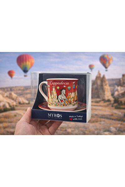 hediye Kapadokya Desenli Türk Kahvesi Fincanı ve Tabak Seti – Özel Kutulu Hed...